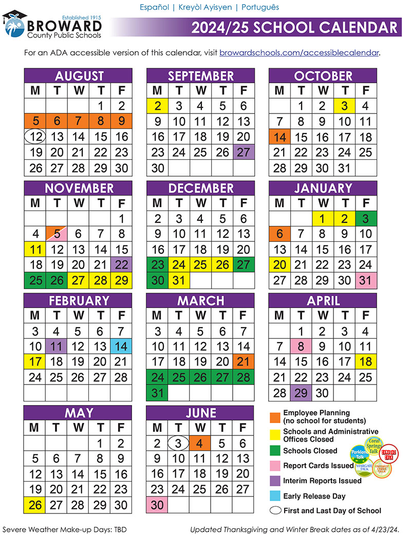 Official 2024/25 Broward County Public Schools Color Calendar Updated