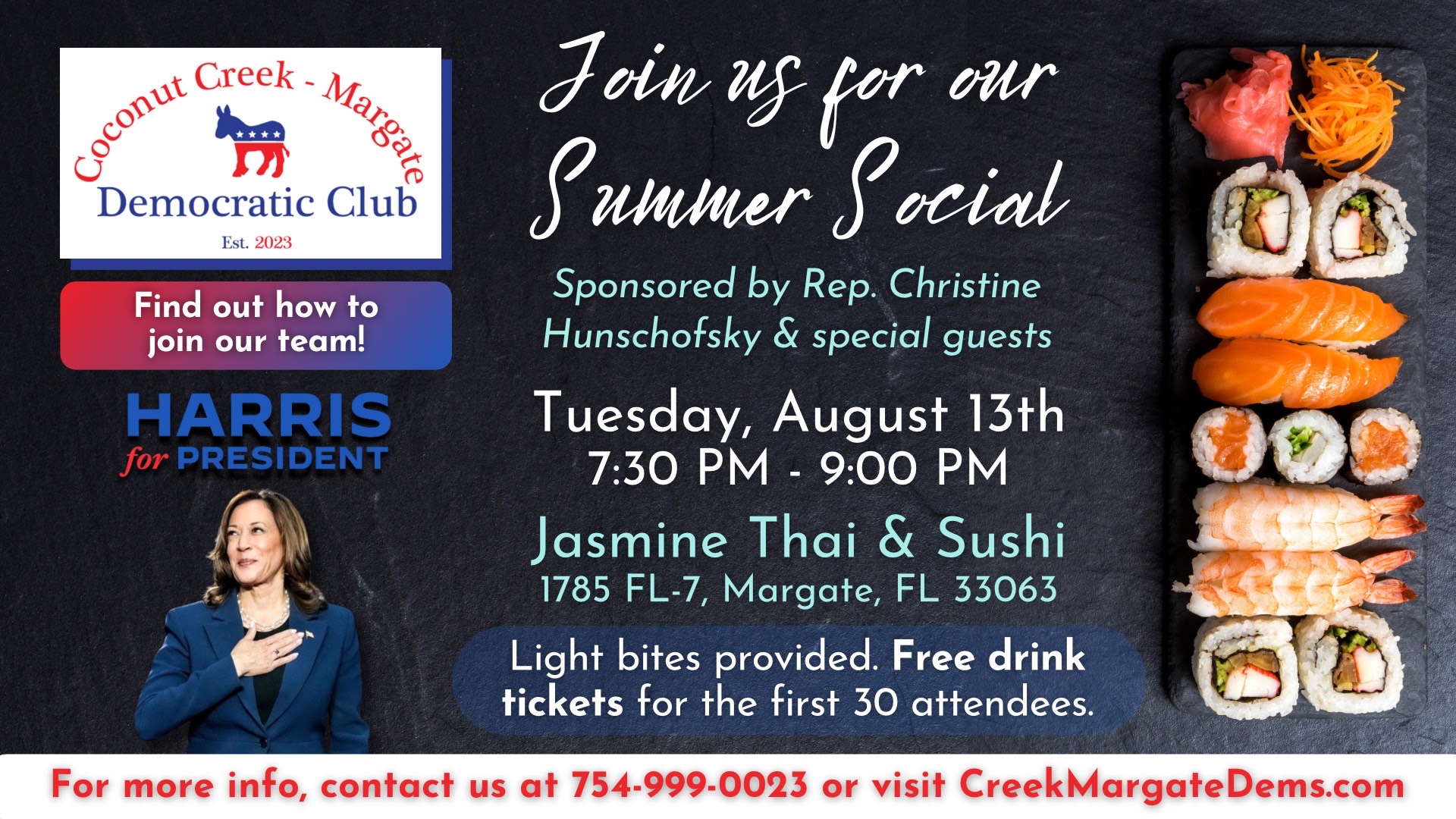 Celebrate Kamala Harris's Nomination at Coconut Creek-Margate Democratic Club's Summer Social